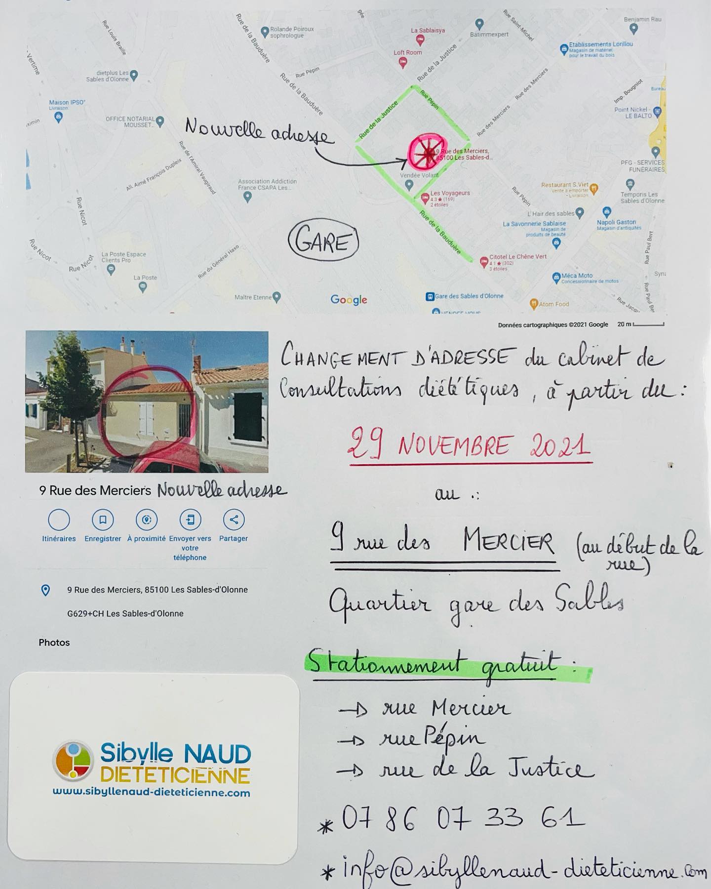 Changement d’adresse cabinet diététique Sibylle NAUD les Sables d’Olonne