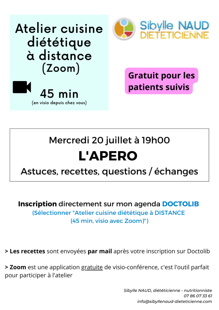 Atelier cuisine diététique à DISTANCE (45 min, visio avec Zoom) L’apéro avec Sibylle Naud diététicienne – nutritionniste